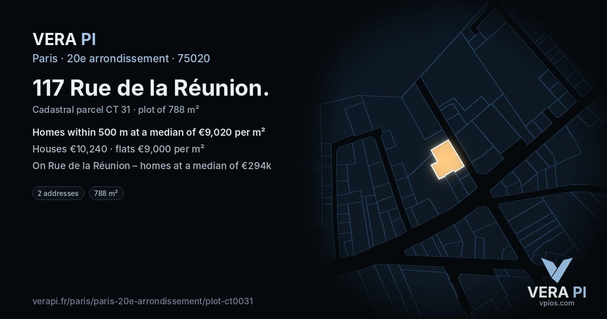 117 Rue de la Réunion, 20e arrondissement at night – the plot lit, the parcels around coloured by the prices near them