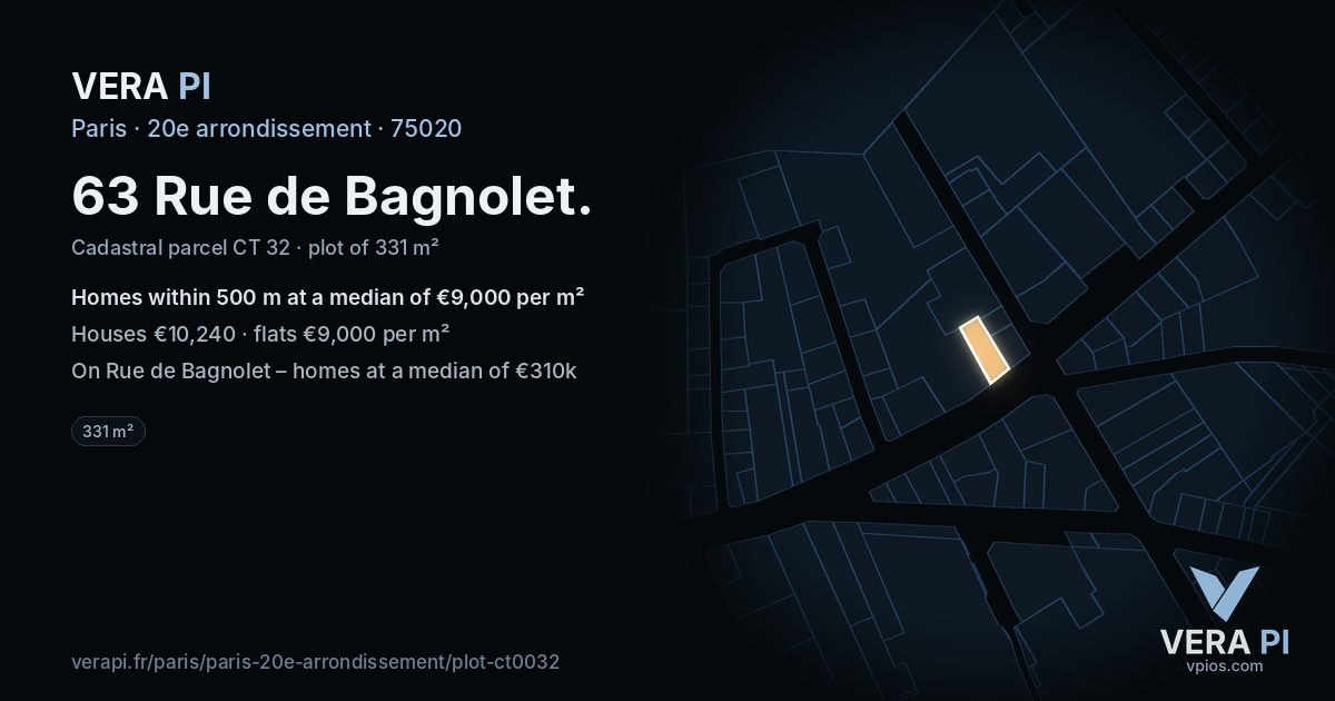63 Rue de Bagnolet, 20e arrondissement at night – the plot lit, the parcels around coloured by the prices near them