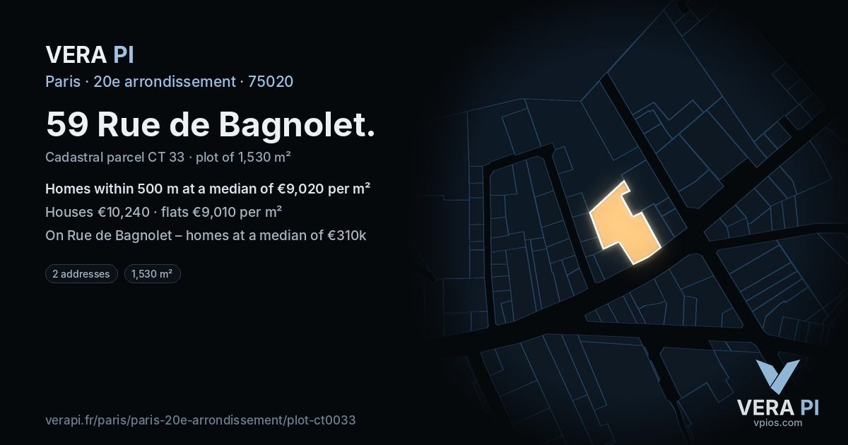 59 Rue de Bagnolet, 20e arrondissement at night – the plot lit, the parcels around coloured by the prices near them