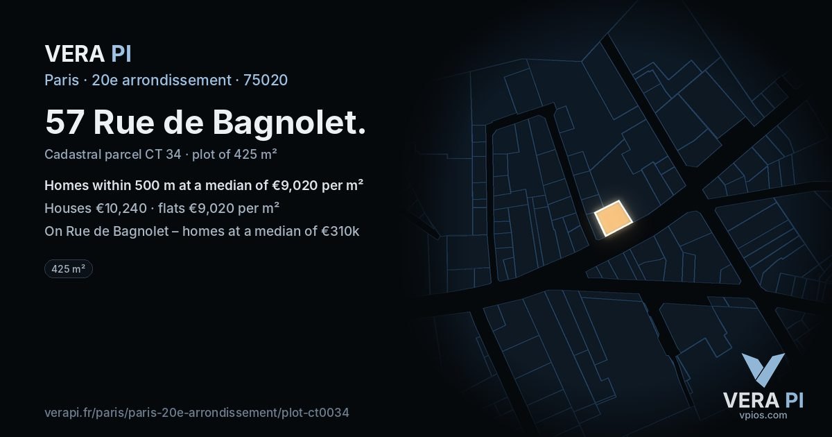 57 Rue de Bagnolet, 20e arrondissement at night – the plot lit, the parcels around coloured by the prices near them