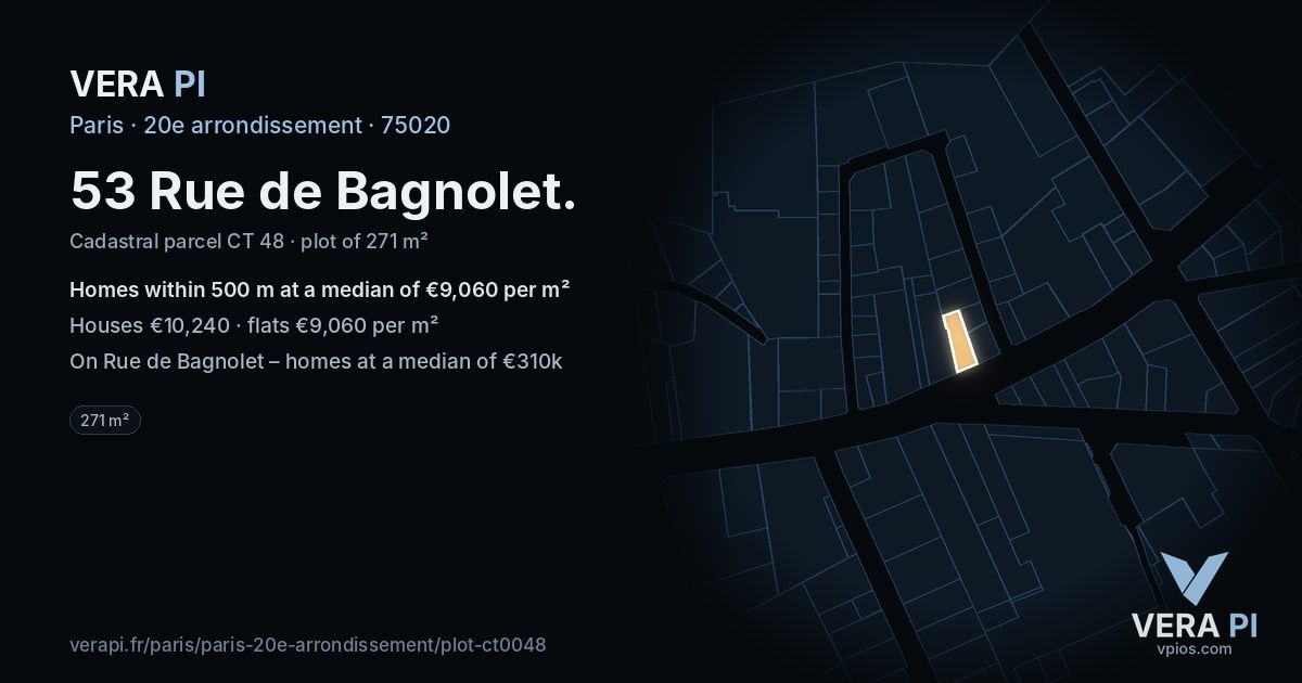 53 Rue de Bagnolet, 20e arrondissement at night – the plot lit, the parcels around coloured by the prices near them