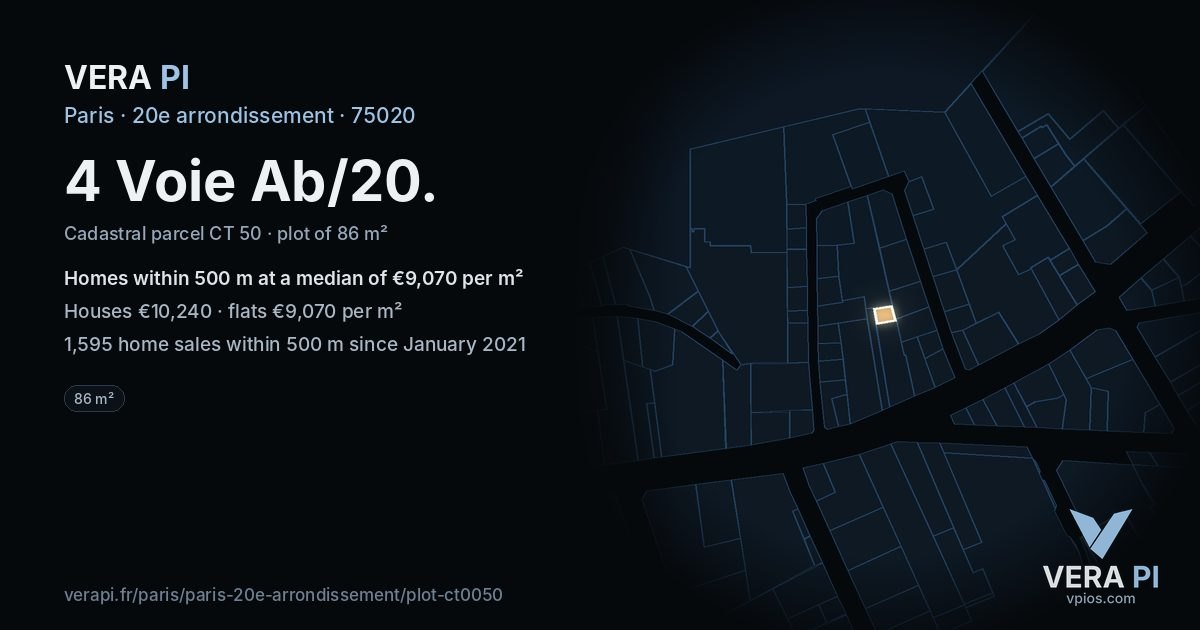 4 Voie Ab/20, 20e arrondissement at night – the plot lit, the parcels around coloured by the prices near them