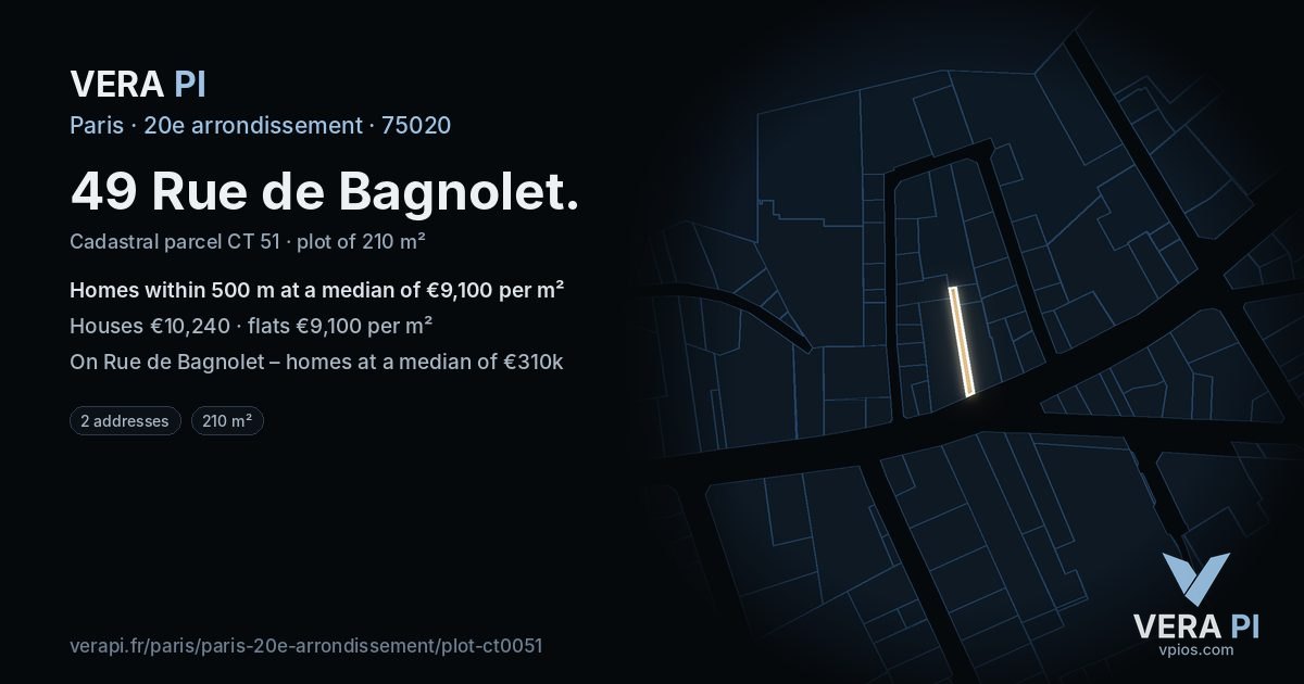 49 Rue de Bagnolet, 20e arrondissement at night – the plot lit, the parcels around coloured by the prices near them