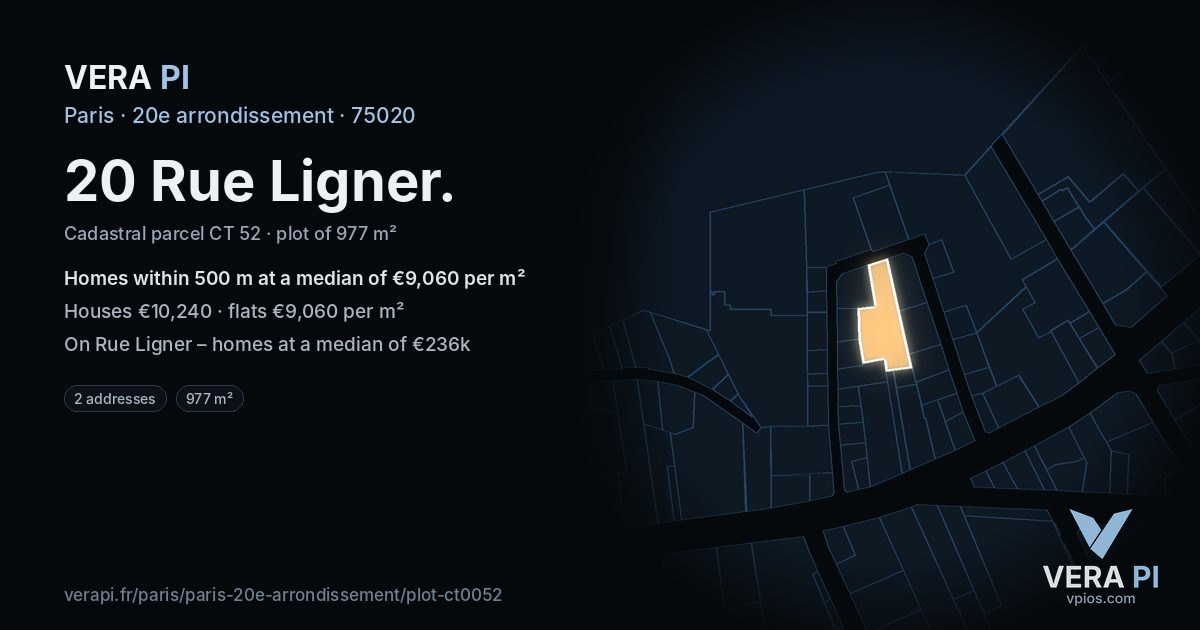 20 Rue Ligner, 20e arrondissement at night – the plot lit, the parcels around coloured by the prices near them