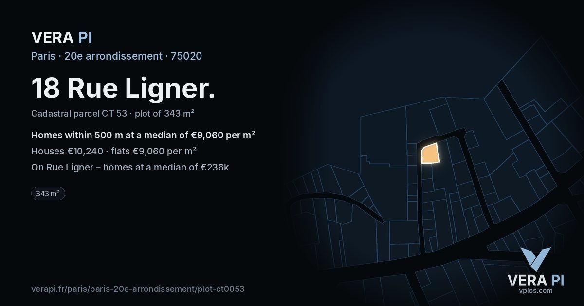 18 Rue Ligner, 20e arrondissement at night – the plot lit, the parcels around coloured by the prices near them