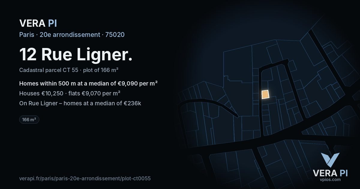 12 Rue Ligner, 20e arrondissement at night – the plot lit, the parcels around coloured by the prices near them