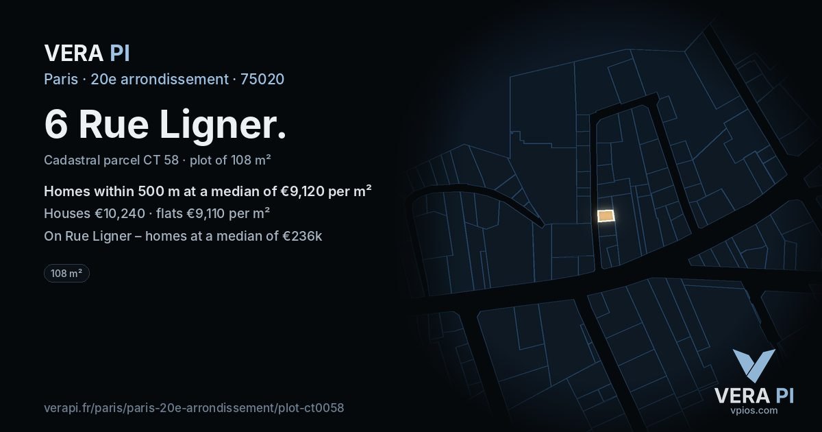 6 Rue Ligner, 20e arrondissement at night – the plot lit, the parcels around coloured by the prices near them