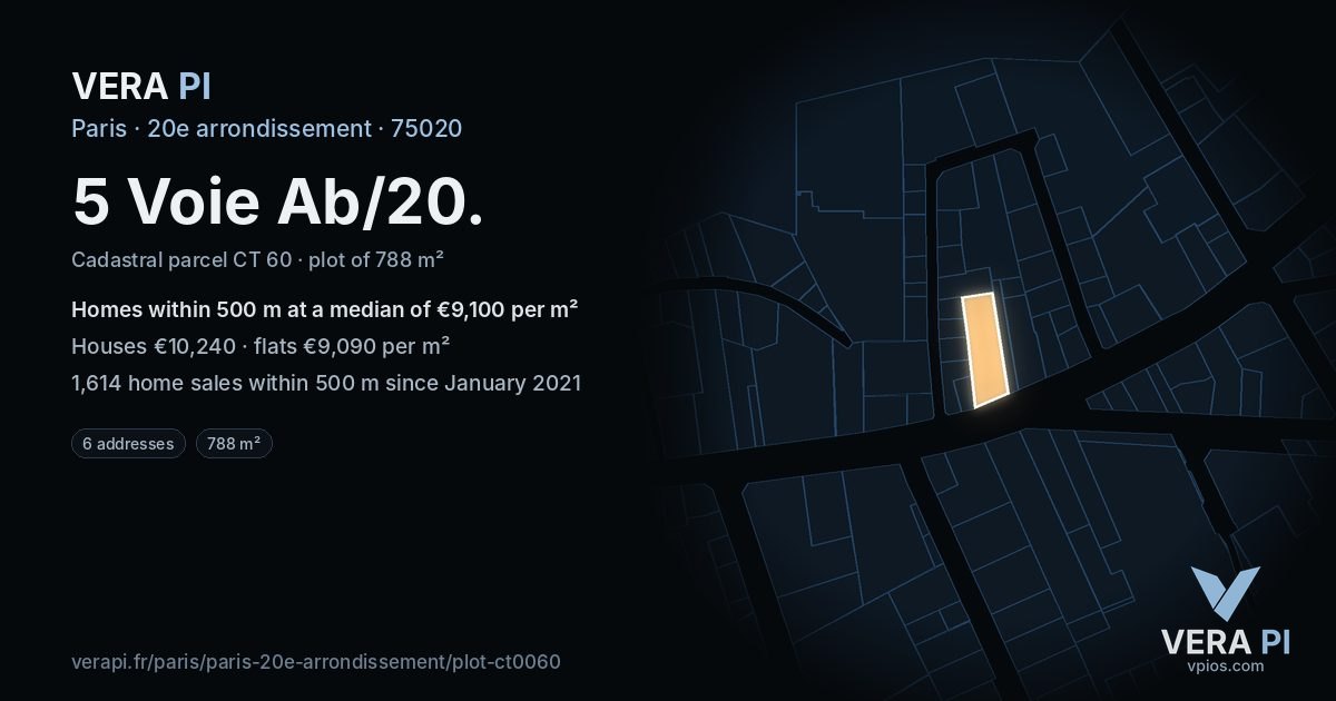 5 Voie Ab/20, 20e arrondissement at night – the plot lit, the parcels around coloured by the prices near them