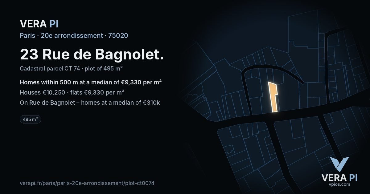 23 Rue de Bagnolet, 20e arrondissement at night – the plot lit, the parcels around coloured by the prices near them