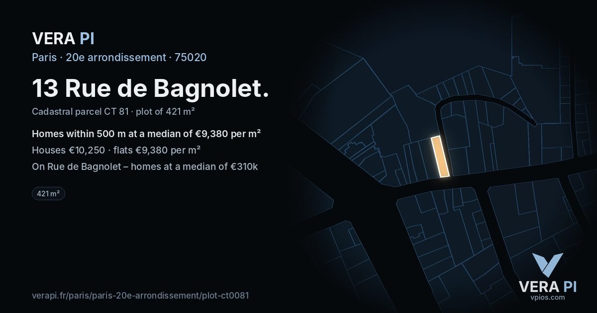 13 Rue de Bagnolet, 20e arrondissement at night – the plot lit, the parcels around coloured by the prices near them