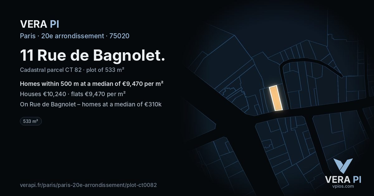 11 Rue de Bagnolet, 20e arrondissement at night – the plot lit, the parcels around coloured by the prices near them