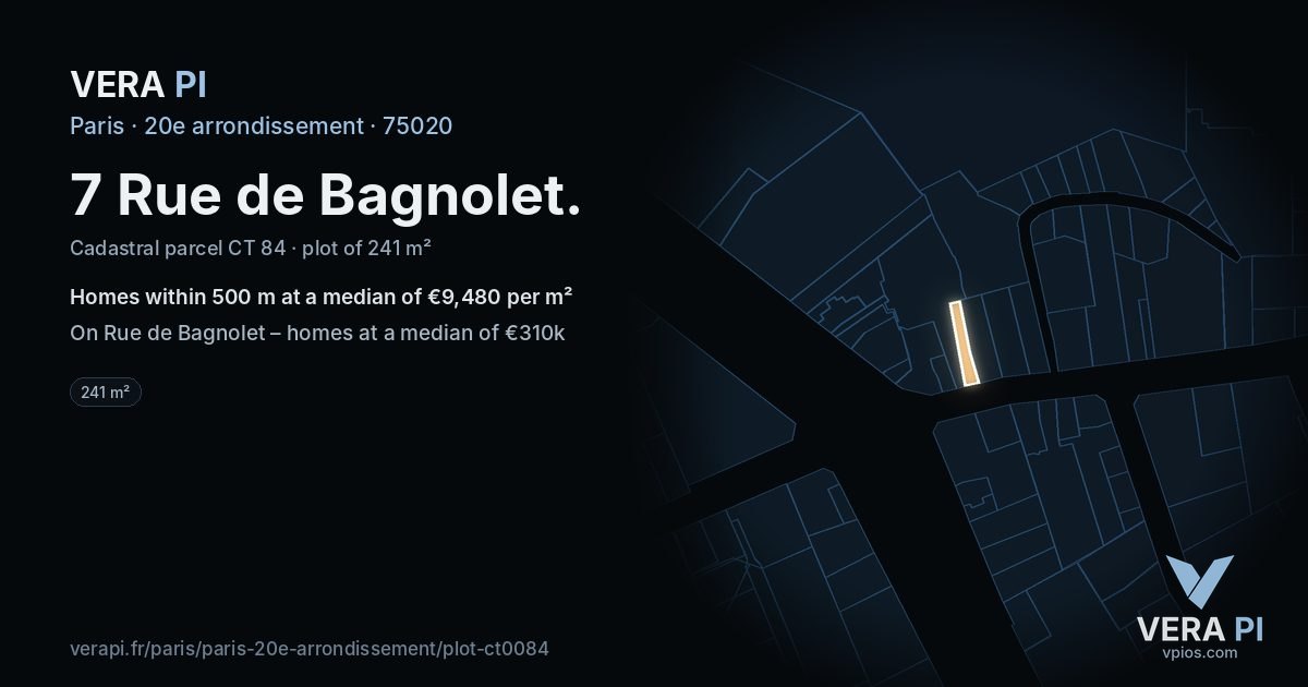 7 Rue de Bagnolet, 20e arrondissement at night – the plot lit, the parcels around coloured by the prices near them