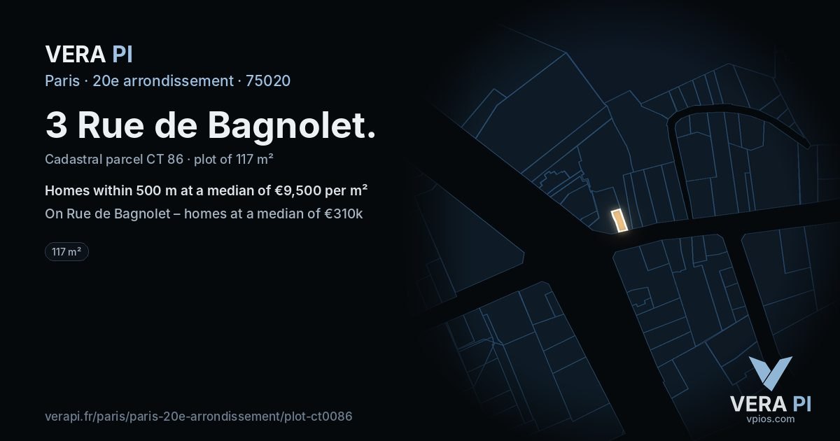 3 Rue de Bagnolet, 20e arrondissement at night – the plot lit, the parcels around coloured by the prices near them