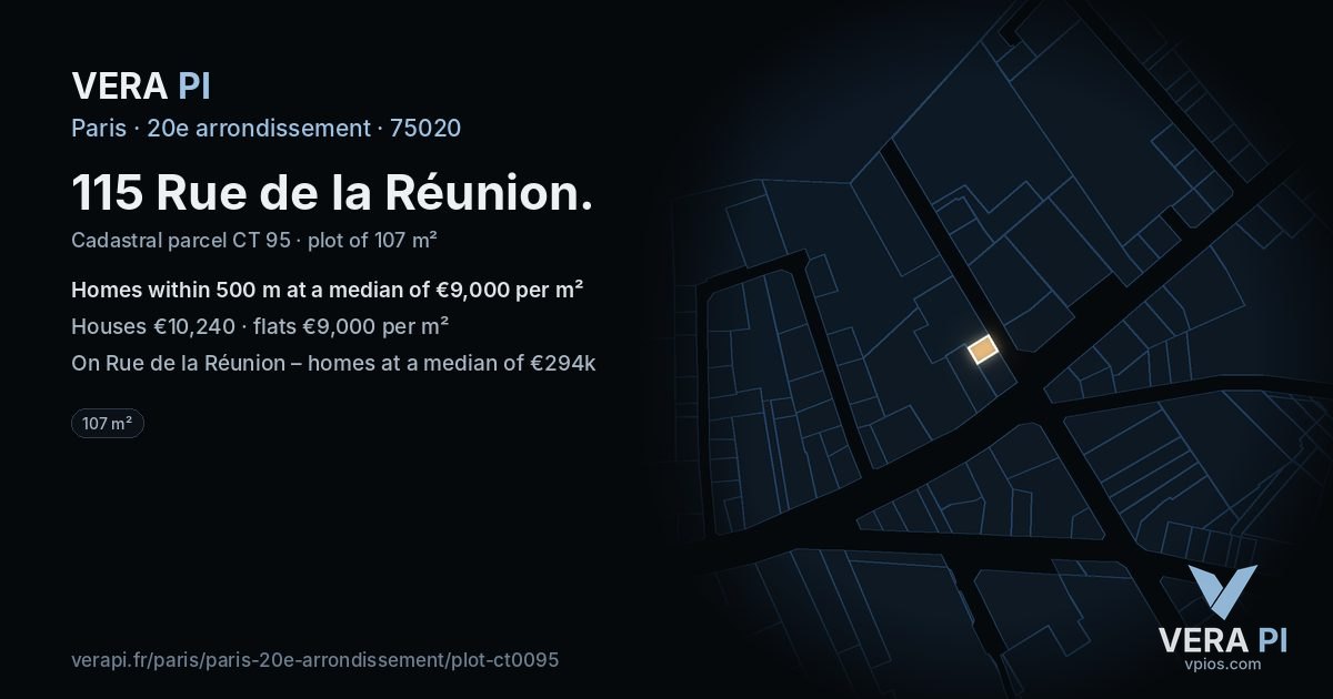 115 Rue de la Réunion, 20e arrondissement at night – the plot lit, the parcels around coloured by the prices near them