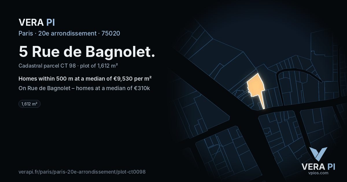 5 Rue de Bagnolet, 20e arrondissement at night – the plot lit, the parcels around coloured by the prices near them