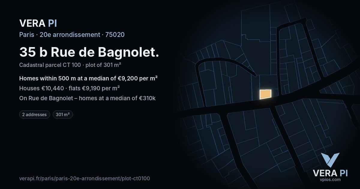 35 b Rue de Bagnolet, 20e arrondissement at night – the plot lit, the parcels around coloured by the prices near them