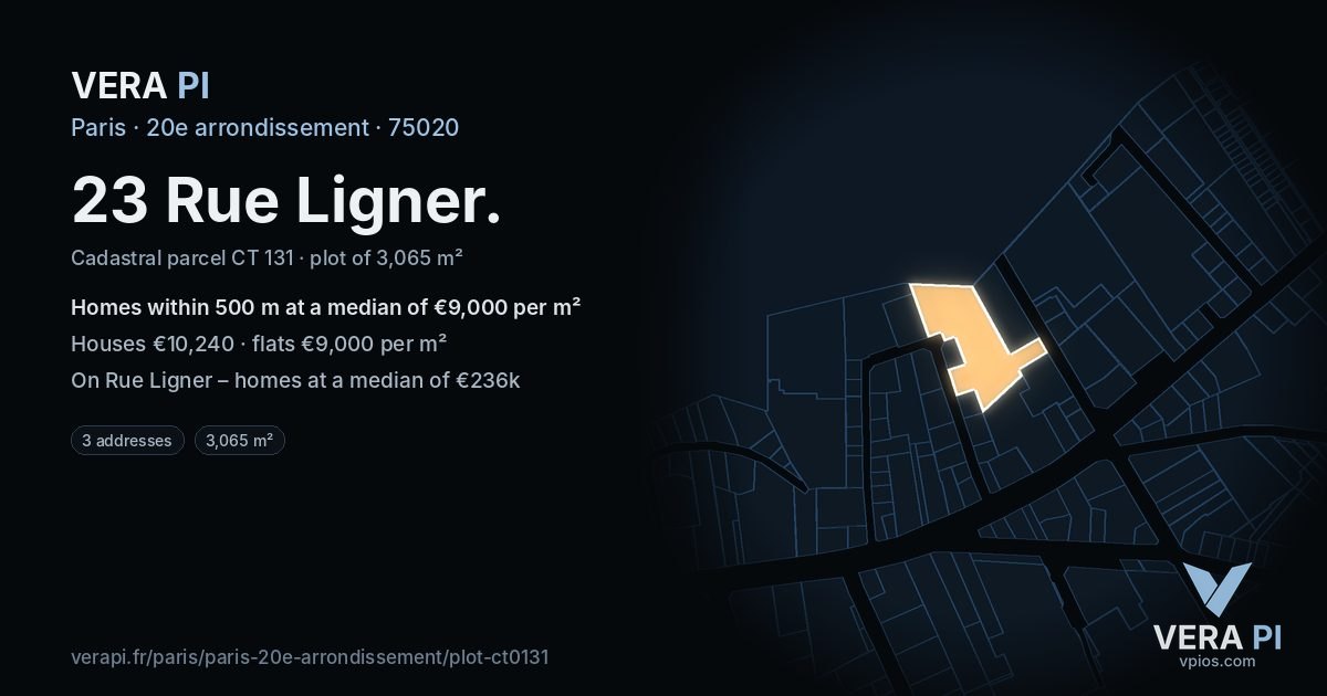 23 Rue Ligner, 20e arrondissement at night – the plot lit, the parcels around coloured by the prices near them