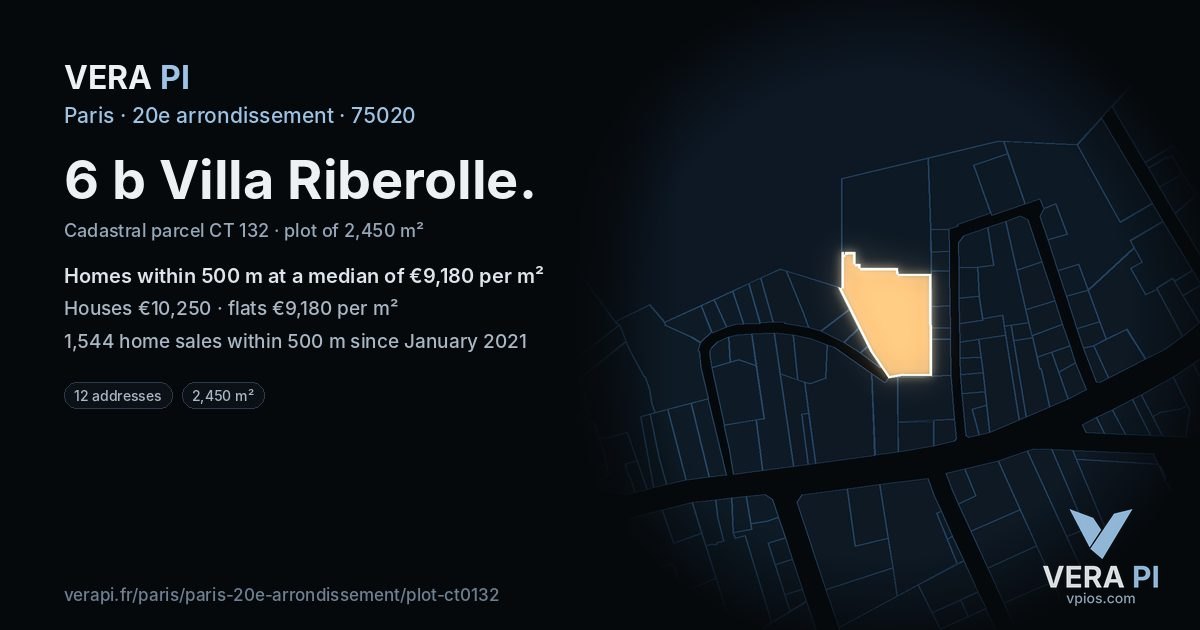 6 b Villa Riberolle, 20e arrondissement at night – the plot lit, the parcels around coloured by the prices near them