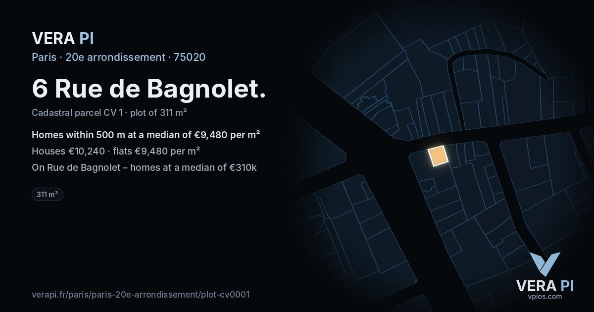 6 Rue de Bagnolet, 20e arrondissement at night – the plot lit, the parcels around coloured by the prices near them