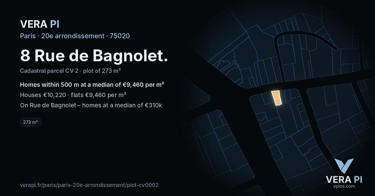 8 Rue de Bagnolet, 20e arrondissement at night – the plot lit, the parcels around coloured by the prices near them