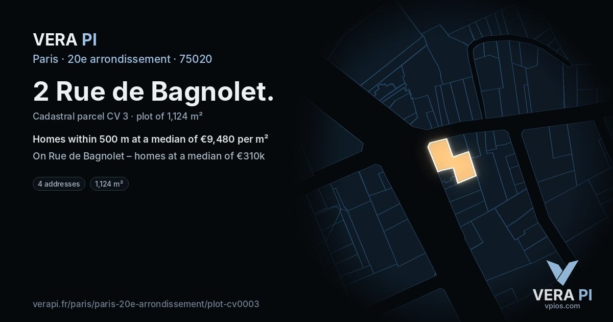 2 Rue de Bagnolet, 20e arrondissement at night – the plot lit, the parcels around coloured by the prices near them