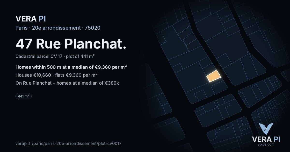 47 Rue Planchat, 20e arrondissement at night – the plot lit, the parcels around coloured by the prices near them