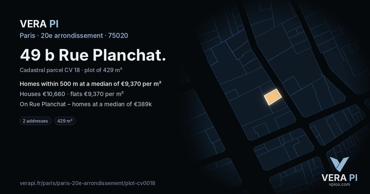 49 b Rue Planchat, 20e arrondissement at night – the plot lit, the parcels around coloured by the prices near them