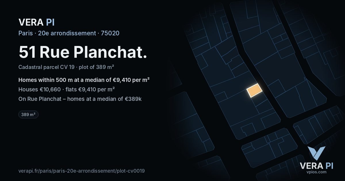 51 Rue Planchat, 20e arrondissement at night – the plot lit, the parcels around coloured by the prices near them