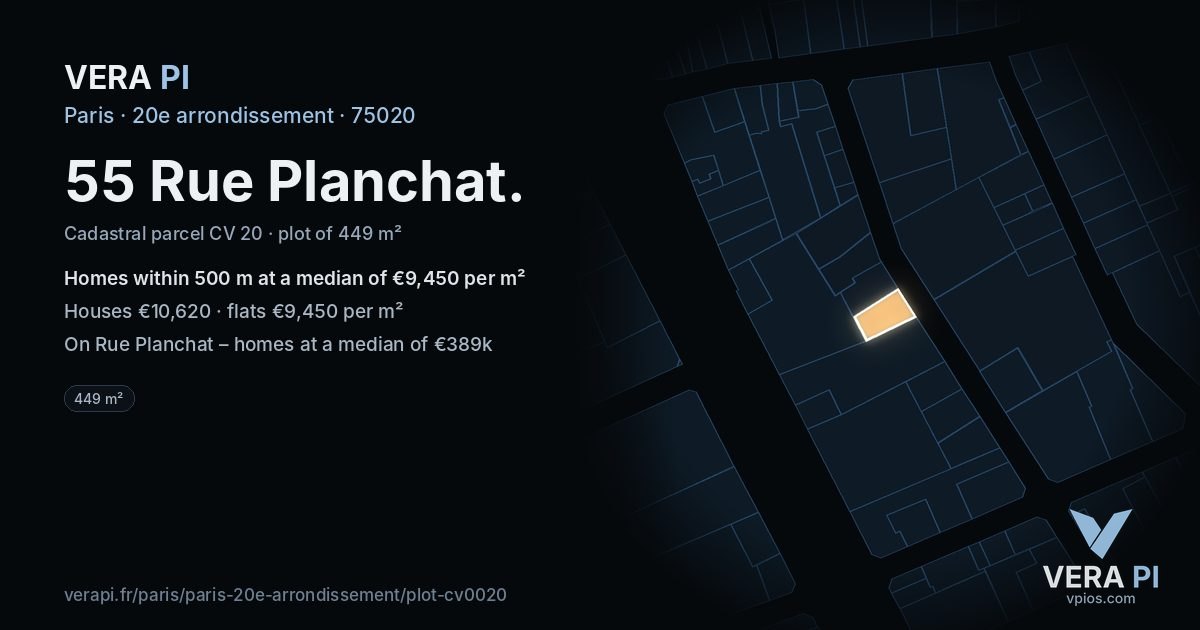 55 Rue Planchat, 20e arrondissement at night – the plot lit, the parcels around coloured by the prices near them