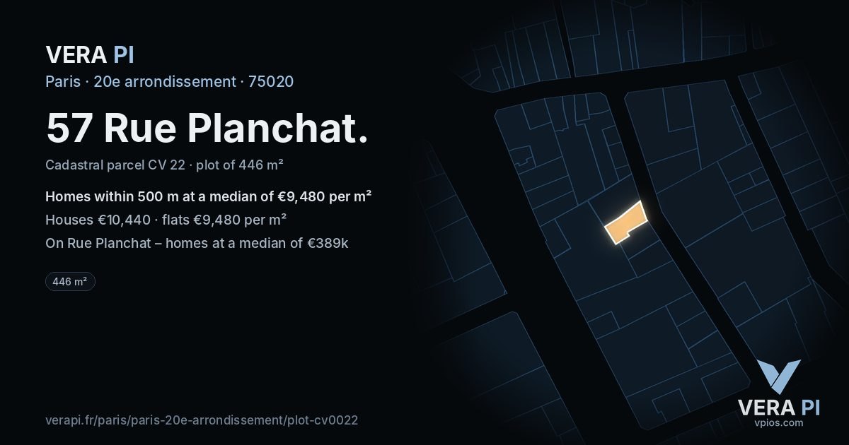 57 Rue Planchat, 20e arrondissement at night – the plot lit, the parcels around coloured by the prices near them