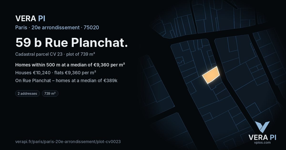 59 b Rue Planchat, 20e arrondissement at night – the plot lit, the parcels around coloured by the prices near them