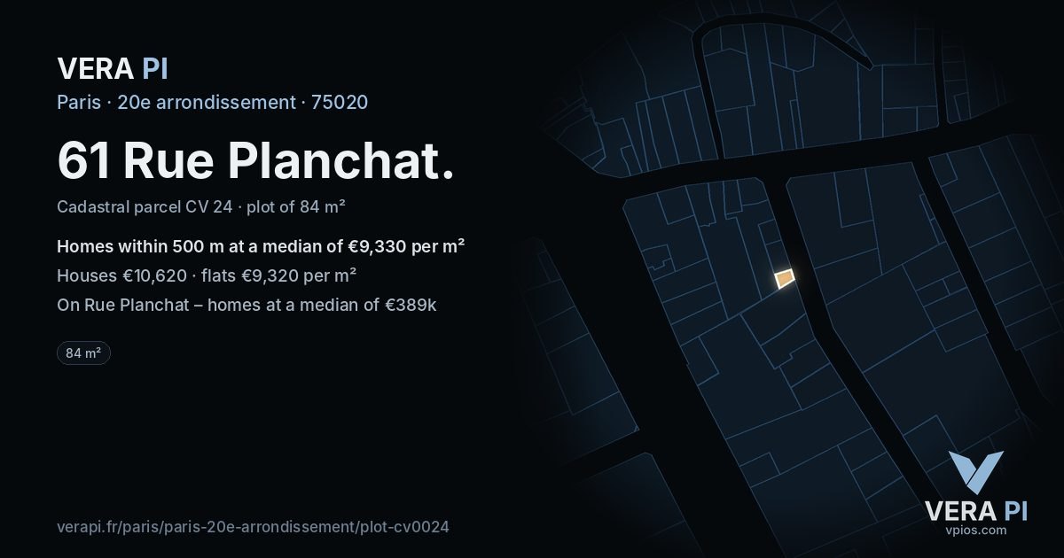 61 Rue Planchat, 20e arrondissement at night – the plot lit, the parcels around coloured by the prices near them