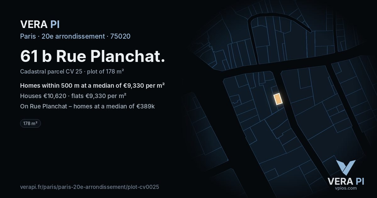 61 b Rue Planchat, 20e arrondissement at night – the plot lit, the parcels around coloured by the prices near them
