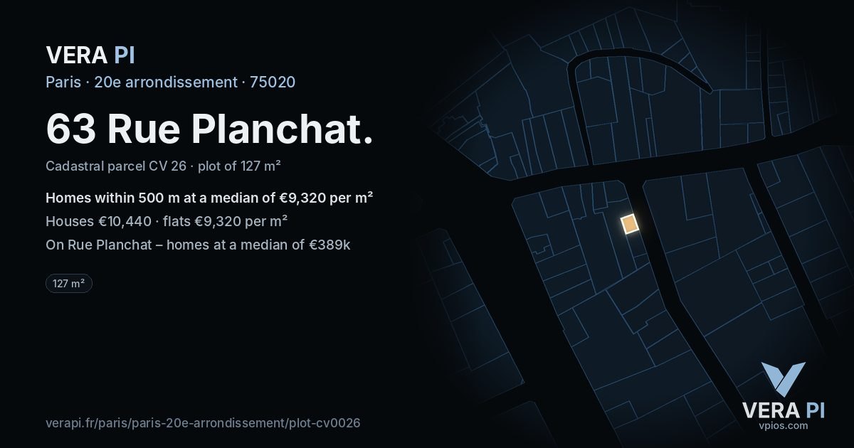 63 Rue Planchat, 20e arrondissement at night – the plot lit, the parcels around coloured by the prices near them