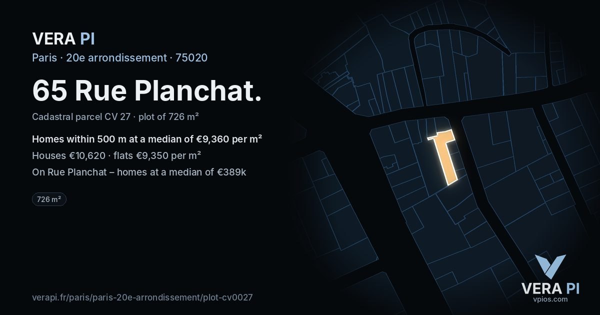 65 Rue Planchat, 20e arrondissement at night – the plot lit, the parcels around coloured by the prices near them