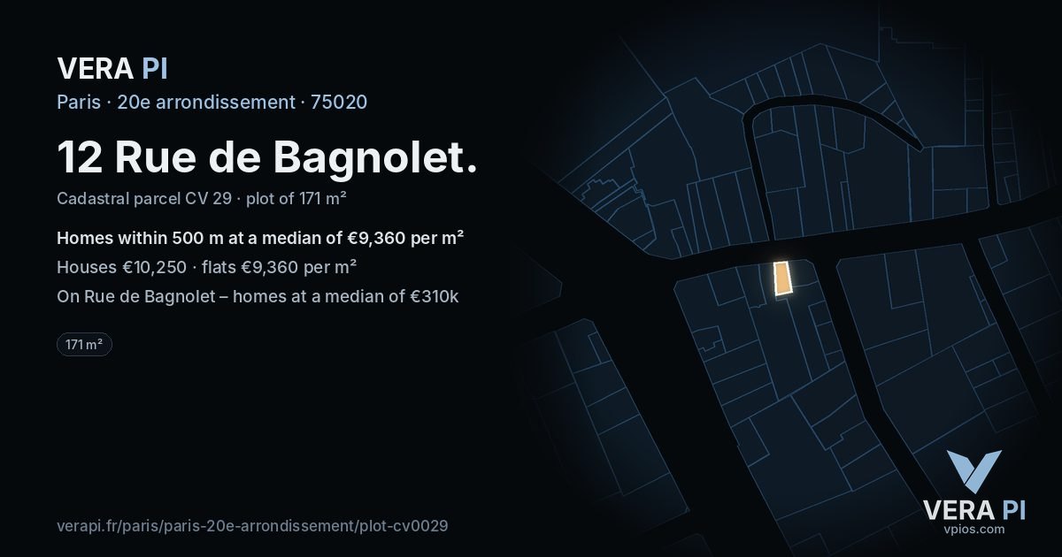 12 Rue de Bagnolet, 20e arrondissement at night – the plot lit, the parcels around coloured by the prices near them