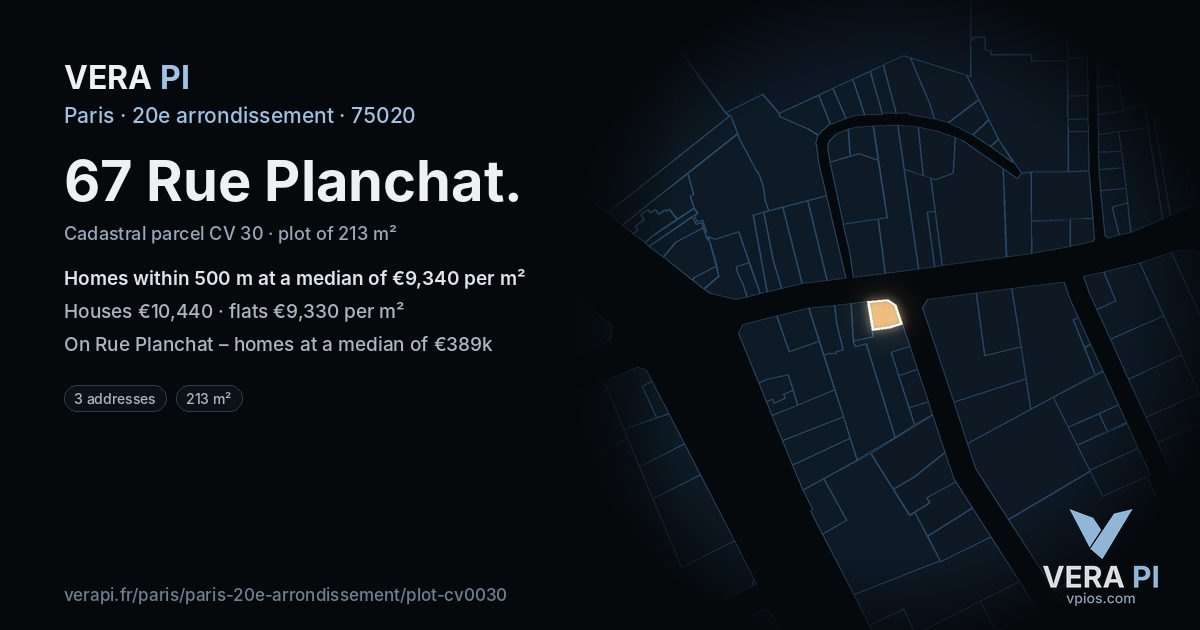 67 Rue Planchat, 20e arrondissement at night – the plot lit, the parcels around coloured by the prices near them