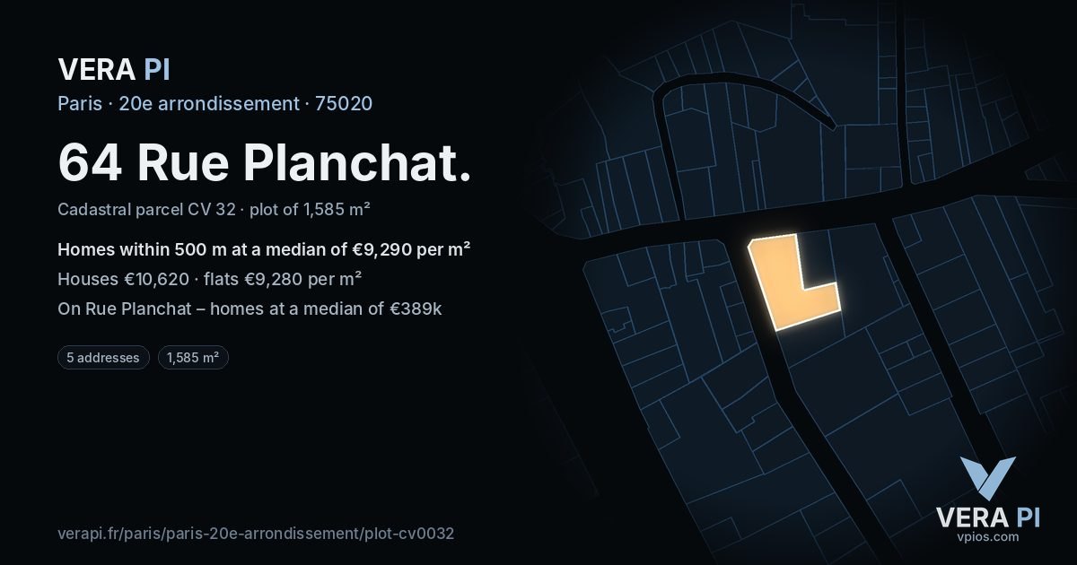 64 Rue Planchat, 20e arrondissement at night – the plot lit, the parcels around coloured by the prices near them