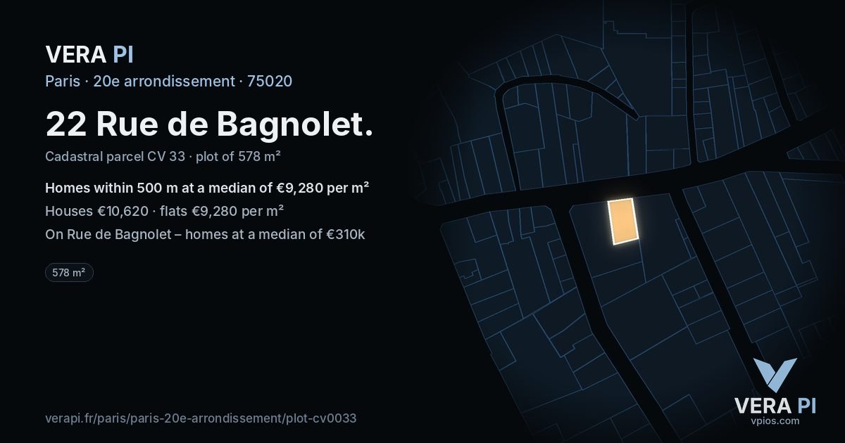 22 Rue de Bagnolet, 20e arrondissement at night – the plot lit, the parcels around coloured by the prices near them