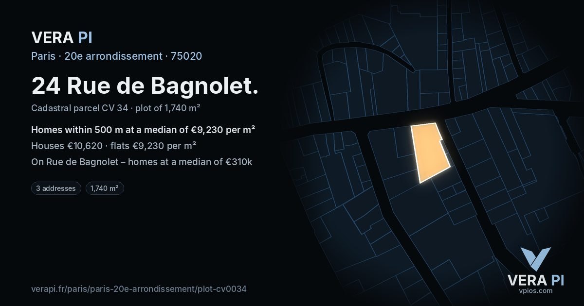24 Rue de Bagnolet, 20e arrondissement at night – the plot lit, the parcels around coloured by the prices near them