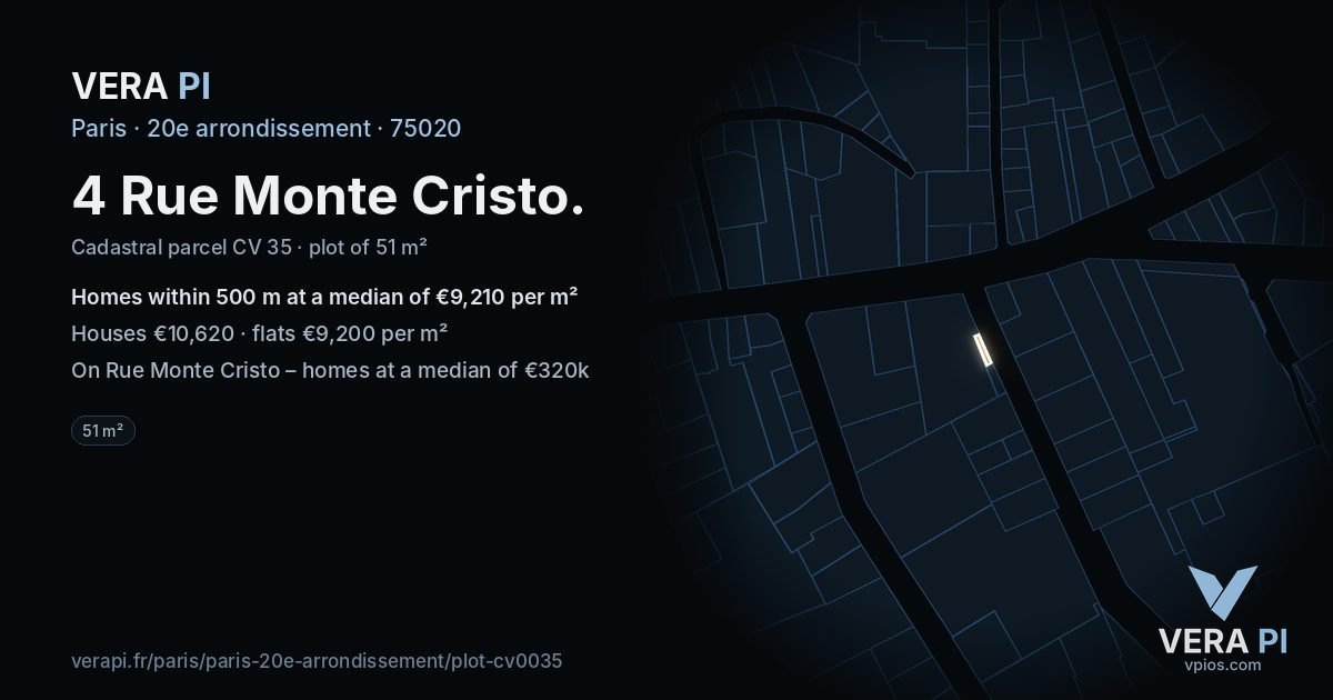 4 Rue Monte Cristo, 20e arrondissement at night – the plot lit, the parcels around coloured by the prices near them