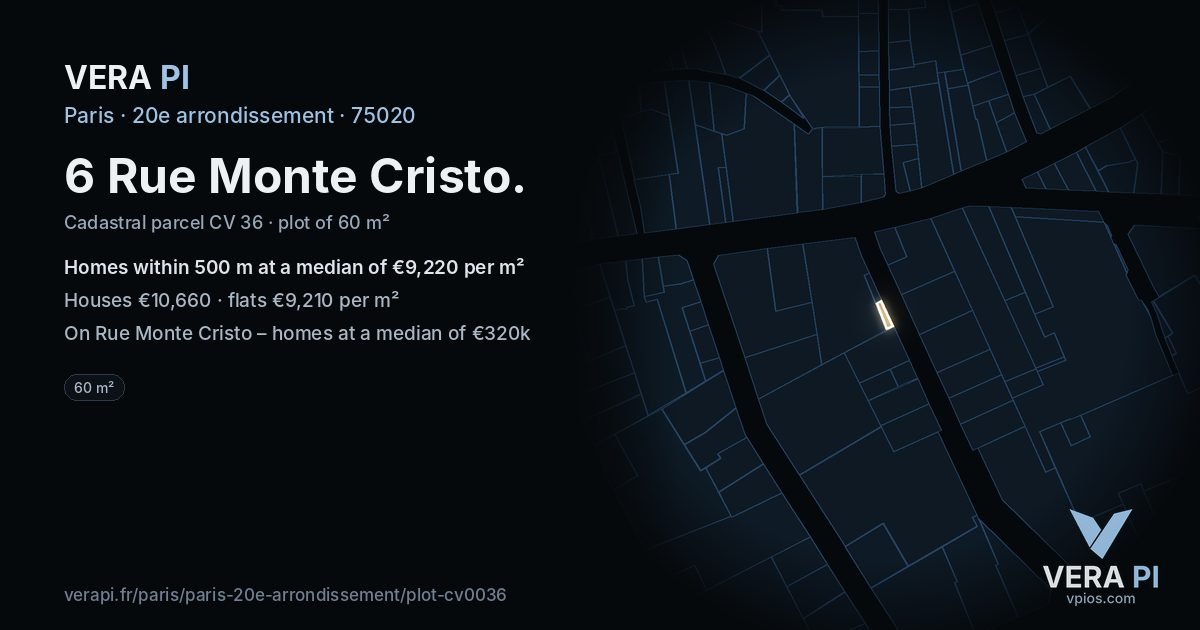 6 Rue Monte Cristo, 20e arrondissement at night – the plot lit, the parcels around coloured by the prices near them
