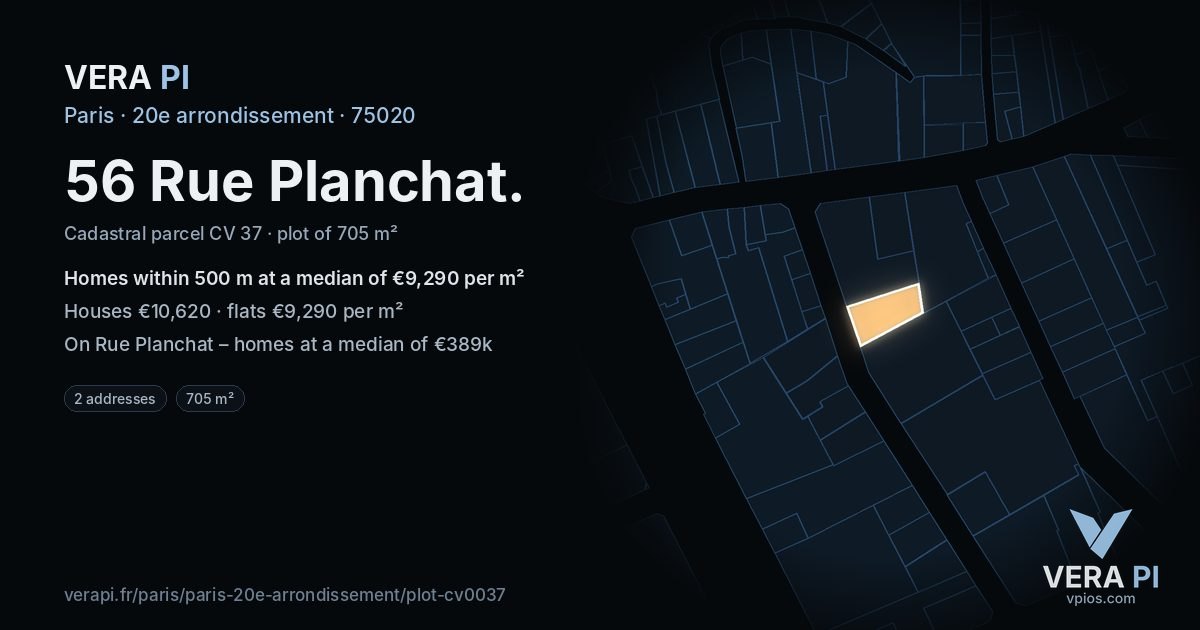 56 Rue Planchat, 20e arrondissement at night – the plot lit, the parcels around coloured by the prices near them