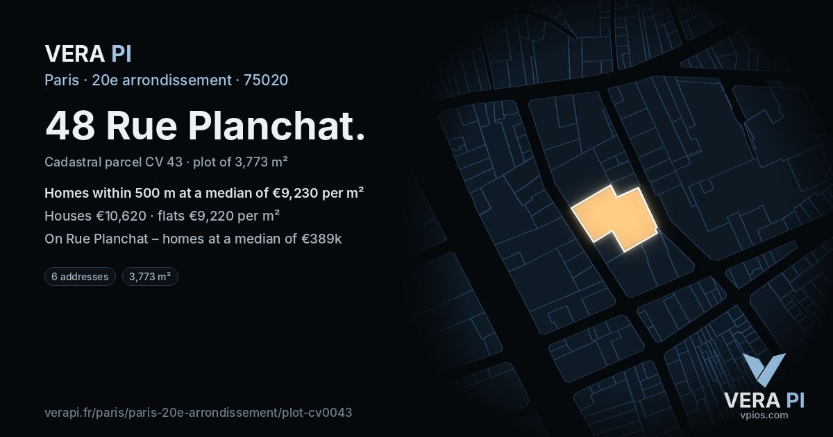 48 Rue Planchat, 20e arrondissement at night – the plot lit, the parcels around coloured by the prices near them