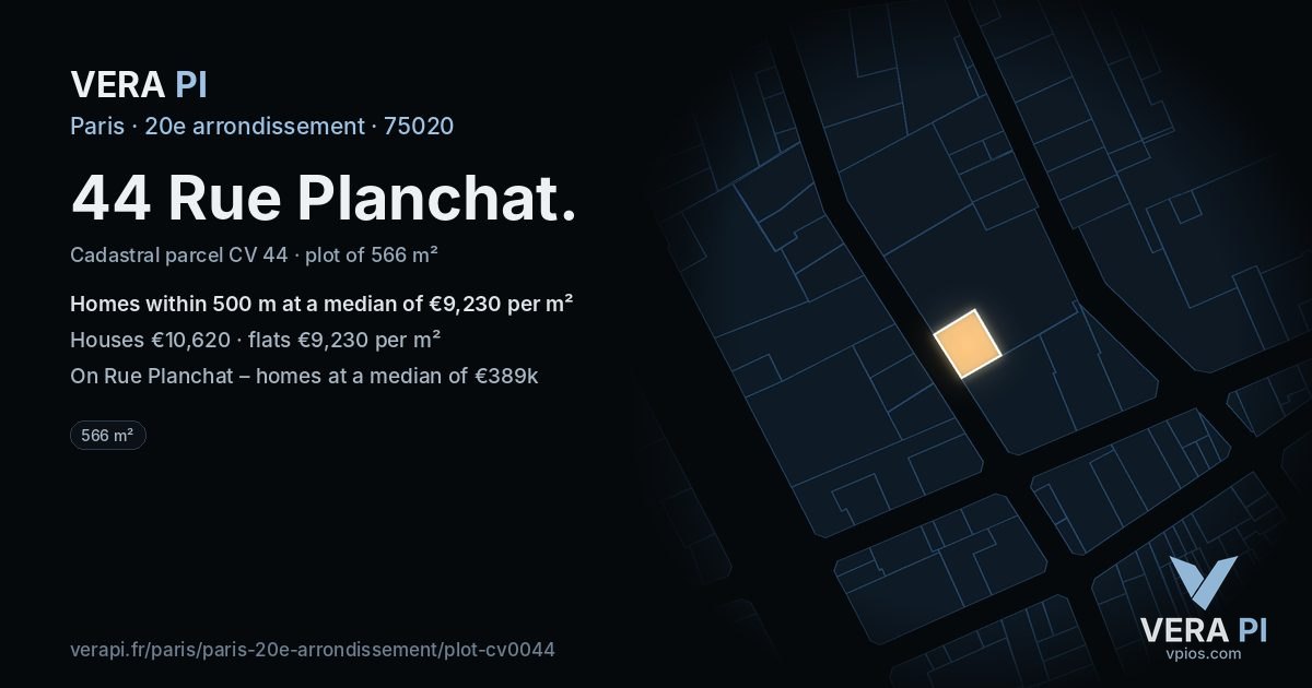 44 Rue Planchat, 20e arrondissement at night – the plot lit, the parcels around coloured by the prices near them