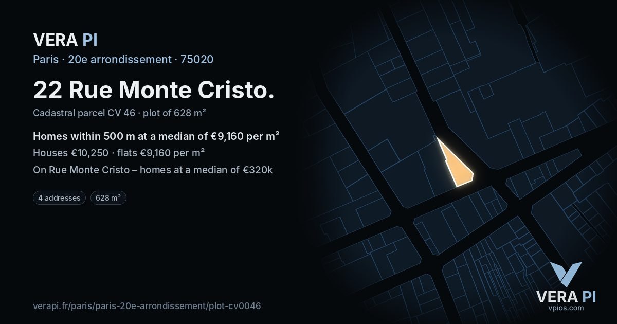 22 Rue Monte Cristo, 20e arrondissement at night – the plot lit, the parcels around coloured by the prices near them