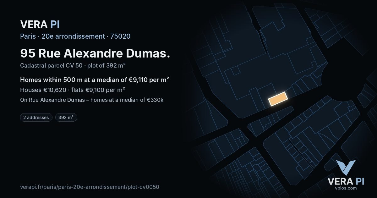 95 Rue Alexandre Dumas, 20e arrondissement at night – the plot lit, the parcels around coloured by the prices near them