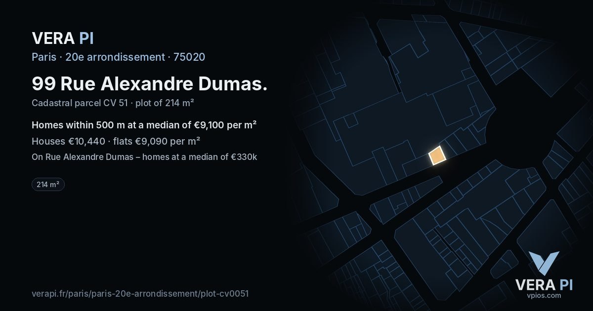 99 Rue Alexandre Dumas, 20e arrondissement at night – the plot lit, the parcels around coloured by the prices near them