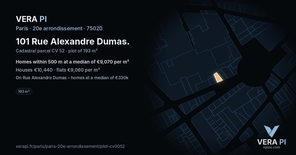 101 Rue Alexandre Dumas, 20e arrondissement at night – the plot lit, the parcels around coloured by the prices near them