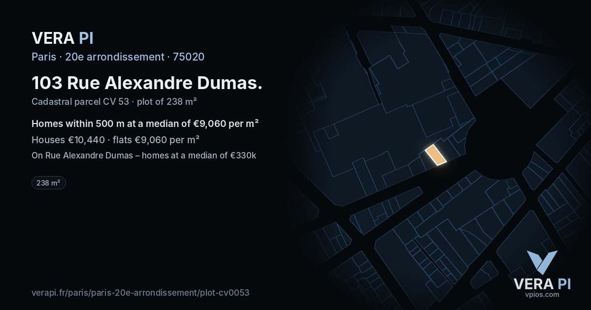 103 Rue Alexandre Dumas, 20e arrondissement at night – the plot lit, the parcels around coloured by the prices near them